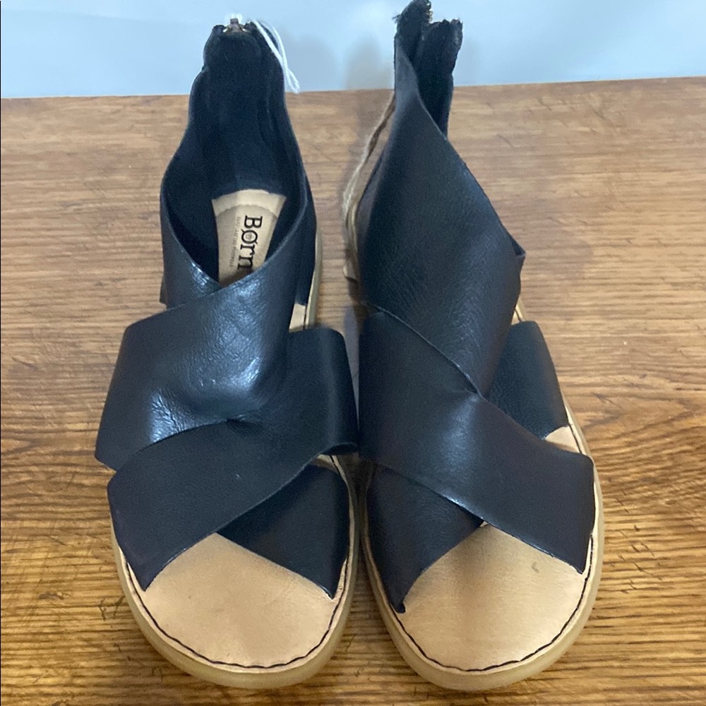 Born Black and Tan Sandals with Cross-Strap Design